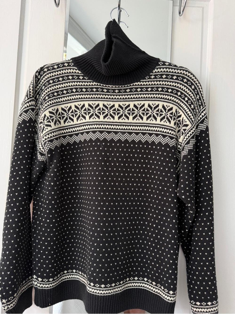LL Bean Black and Cream Fair Isle Turtleneck Sweater - Women's